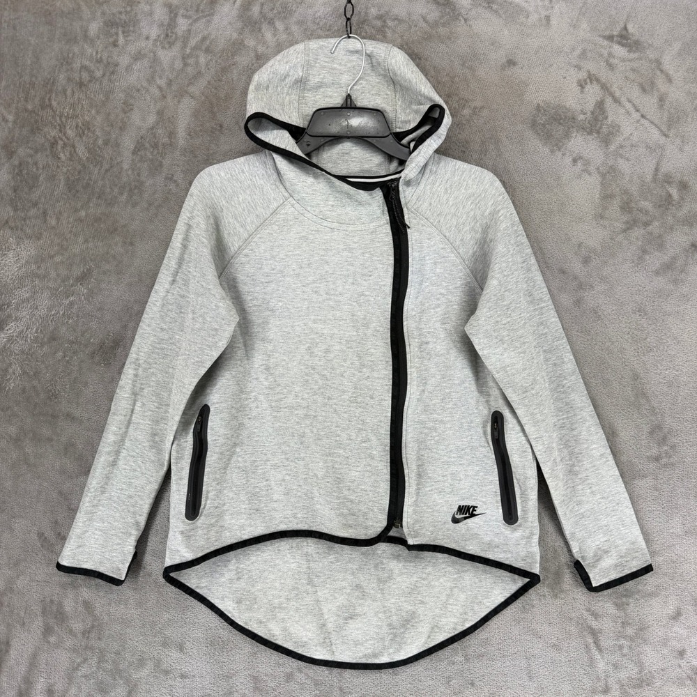 Nike Tech Fleece Hoodie Women Small Gray Asym Zip 669613-063 High-Low Hem